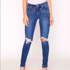 Alloy Apparel Medium Blue Beaded Pearl Distressed Blair Skinny Jeans